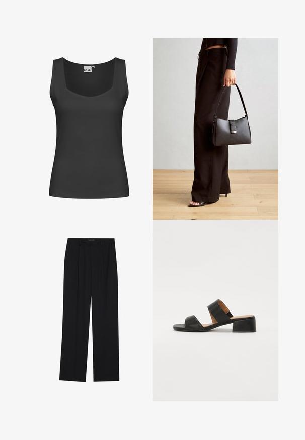 Must have varrukateta must T-särk ruudukujulise kaelusega ja ribakujulise tekstuuriga. Lihtne disain ilma kaunistuste või mustriteta.; Mustad püksid sirgjoonelise disainiga, millel on kaks esist taskut ja muudatus. Valmistatud siledast, kergekaalulisest kangast.; Must must sandaalid musta nahaga, kellel on kaks laia rihma üle jala, ruudukujuline varvas ja madal ploki konts. Sile tekstuur ja minimaalne disain.; Must musta kott, millel on struktureeritud kuju, sile tekstuur ja metallist klamber. Kombineeritud laiate mustade pükstega ja avatud varvaste sandaalidega puidust põrandal.