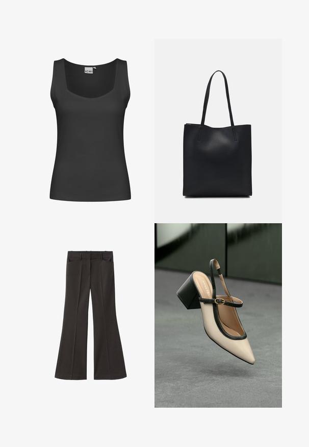 Black sleeveless tank top with a square neckline and ribbed texture. Simple design with no embellishments or patterns.; Black flared trousers with a high waist; features two front pockets and a smooth fabric texture. Suitable for various occasions.; Beige pointed-toe slingback shoe with black trim, gold buckle, and a chunky block heel on gray floor with dark green background.; Black leather tote bag with smooth texture, rectangular shape, and two long handles. No visible hardware or embellishments.