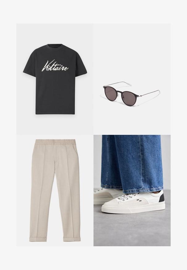 Camiseta de algodón negra con un gran estampado gráfico en blanco de "Voltaire" con un diseño de calavera. Mangas cortas, cuello redondo y corte relajado.; Filippa K TERRY CROPPED TROUSERS - Pantalones - sage melange; Zapatillas blancas y negras con una parte superior de cuero suave, acentos texturizados y una suela blanca gruesa. Presenta un diseño clásico de cordones.; Gafas de sol redondas negras con lentes oscuros y brazos metálicos delgados. Incluye puntas de varilla transparentes y acentos plateados en la bisagra. Diseño minimalista.