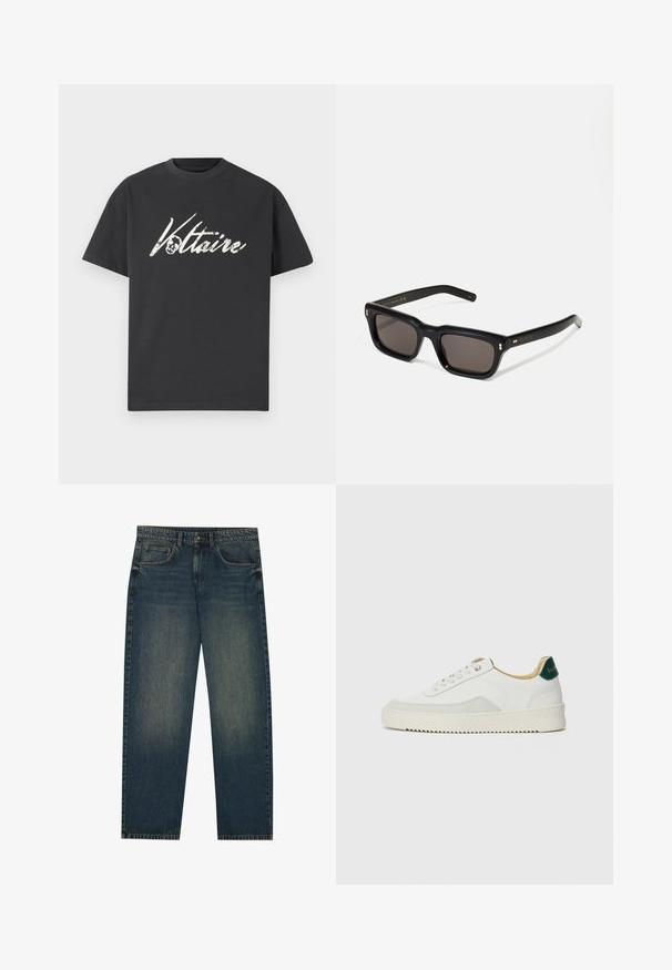 Juodas medvilninis marškinėliai su dideliu baltu grafiniu raštu "Voltaire" su kaukolės dizainu. Trumpomis rankovėmis, apvalia iškirpte ir laisvu sijonu.; Tamsiai mėlyni džinsai su tiesiu kirpimu, penkių kišenių dizainu ir šiek tiek nudilusiomis kojomis. Tinka kasdieniam dėvėjimui.; Baltos sportbačiai su zomšos akcentais, apvaliu nosiu, plokščiais raišteliais ir kreminės spalvos guminiu padu. Ant kulno yra žalia ženklinimo detalė.; Juodos stačiakampės akinių nuo saulės su tamsiais objektyvais, storu plastiko rėmu, auksinėmis detalėmis ant šventyklų ir prekės ženklo logotipu išgraviruotu ant šono.
