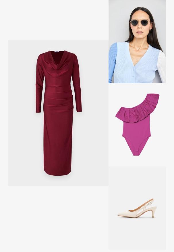 Jednoczęściowy strój kąpielowy w jaskrawym różu, z szerokim falbaniastym detalem na ramieniu i gładkim, dopasowanym krojem. Miękki, elastyczny materiał.; Bordowa sukienka z długim rękawem, dekoltem typu waterfall, marszczeniami na torsie i dopasowanym krojem. Gładki, elastyczny materiał.; Biała szpilka slingback z ostrym noskiem, gładkim materiałem wierzchnim, niskim obcasem blokowym oraz wycięciami po bokach i regulowanym paskiem z klamrą.; Okrągłe okulary przeciwsłoneczne z ciemnymi soczewkami i złotymi ramkami. Modelka nosi jasnoniebieski kardigan w prążki z guzikami i białymi rękawami w kontrastowym kolorze.; Portfel na nadgarstek marki Michael Kors w beżowej, pokrytej płótnem, z powtarzającym się wzorem logo MK, złotym okuciem i odpinanym łańcuszkowym paskiem.