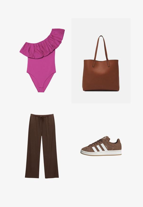 Eén stuk badpak in felroze, met een brede geschulpte schouderdetail en een glad, aansluitend lijfje. Zachte, rekbare stof.; Bruine wijde broek gemaakt van zachte stof, met een elastische tailleband en een trekkoord, en twee zijzakken.; Bruine suède sneaker met witte leren strepen, rubberen zool, ronde neus en vetersluiting. Kenmerkt zich door een logo op de tong en geperforeerde accenten.; Bruine leren tote bag met een gladde textuur, een ontwerp met een open bovenkant en twee schouderbanden. Kenmerkt zich door minimale stiksels en geen zichtbare hardware.