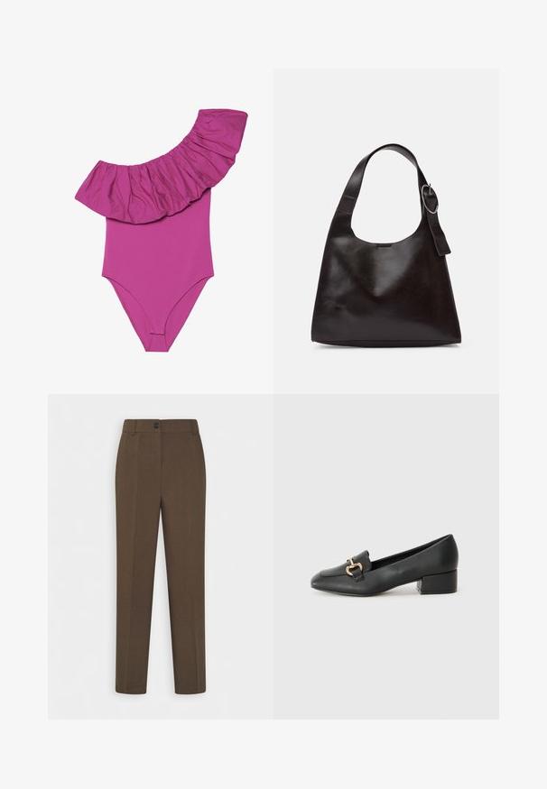 One-piece swimsuit in bright pink, featuring a wide ruffled shoulder detail and a smooth, fitted body. Soft, stretchy fabric.; Straight-leg brown trousers with belt loops and a single front button closure, displayed on a white background.; Black leather loafers with a flat heel, featuring a decorative gold hardware detail on the front and a smooth texture.; Brown leather shoulder bag with a smooth texture, rounded shape, wide strap, and circular metallic accent on the handle.; Set of gold-tone earrings featuring various designs, including studs, hoops, and dangling pieces with pearls and rhinestones.