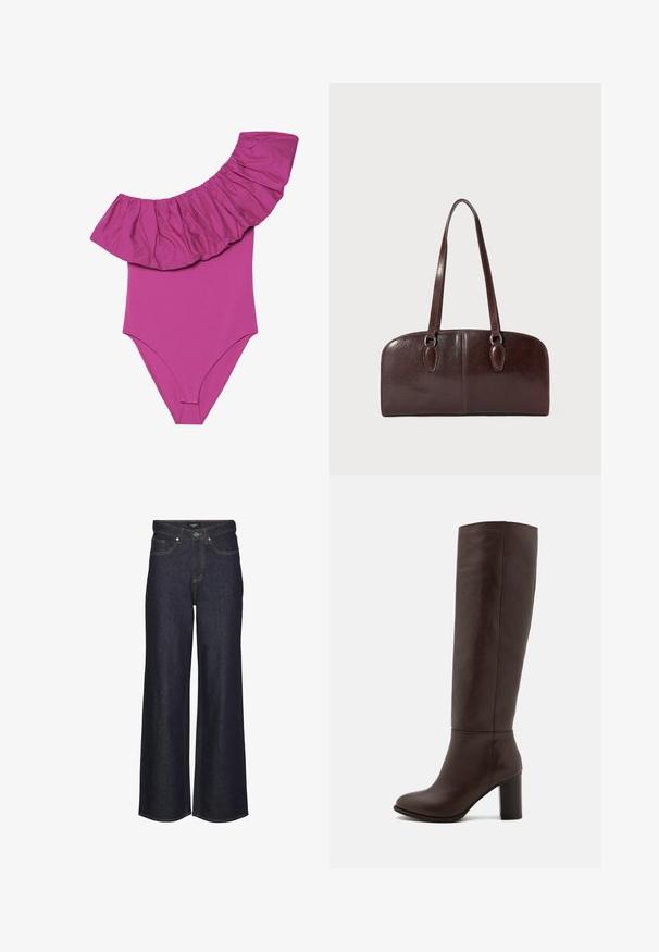 Bañador de una pieza en rosa brillante, con un detalle de hombros anchos y volantes, y un cuerpo liso y ajustado. Tela suave y elástica.; Jeans de pierna ancha de talle alto en denim oscuro. Cuenta con costuras clásicas, cinco bolsillos y un cierre de botón en la parte delantera.; Bota de cuero marrón hasta la rodilla con tacón bloque, textura suave, punta redondeada y detalles de costura mínimos.; Bolso de piel marrón con dos asas largas, forma rectangular estructurada, textura suave y bordes redondeados. Presenta detalles de acentuación en las asas.
