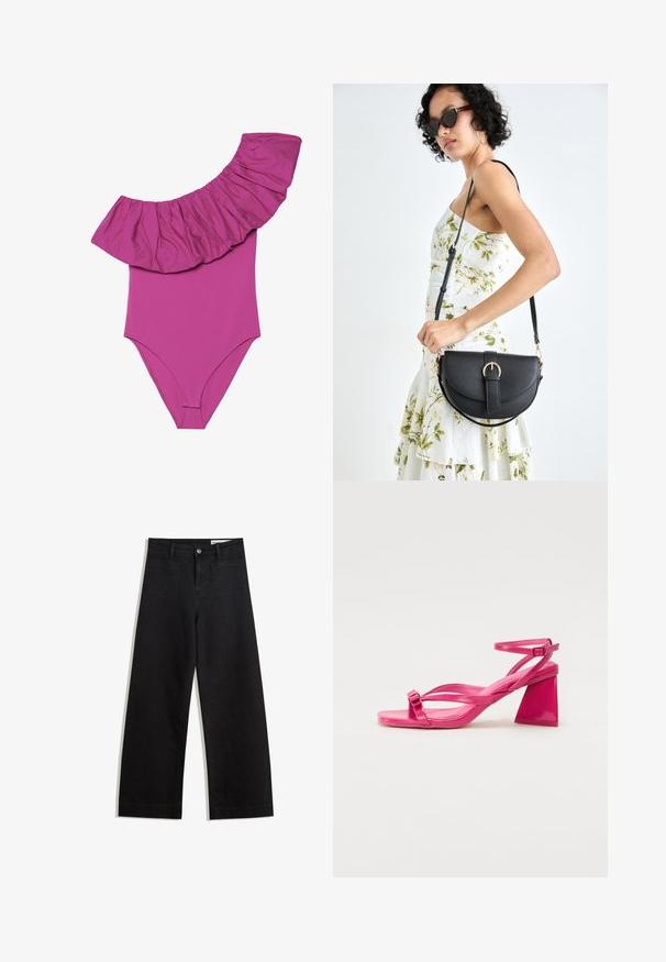 Jednodielne plavky v jasne ružovej farbe, s širokým volánovým detailom na ramene a hladkým, priliehavým telom. Mäkkučký, elastický materiál.; Čierne denimové nohavice s širokými nohavicami a vysokým pásom, so prednými a zadnými vreckami, šitými švami a zapínaním na gombík. Hladká textúra.; Ružové lakované kožené sandále na podpätku so štvorcovou špičkou, úzkymi popruhmi a geometrickým blokovým podpätkom. Obsahujú sponu na popruhu.; Čierna kožená kabelka s zaobleným tvarom, odnímateľným popruhom a zlatými doplnkami. Kabelka má klopu s detailom s prackou.
