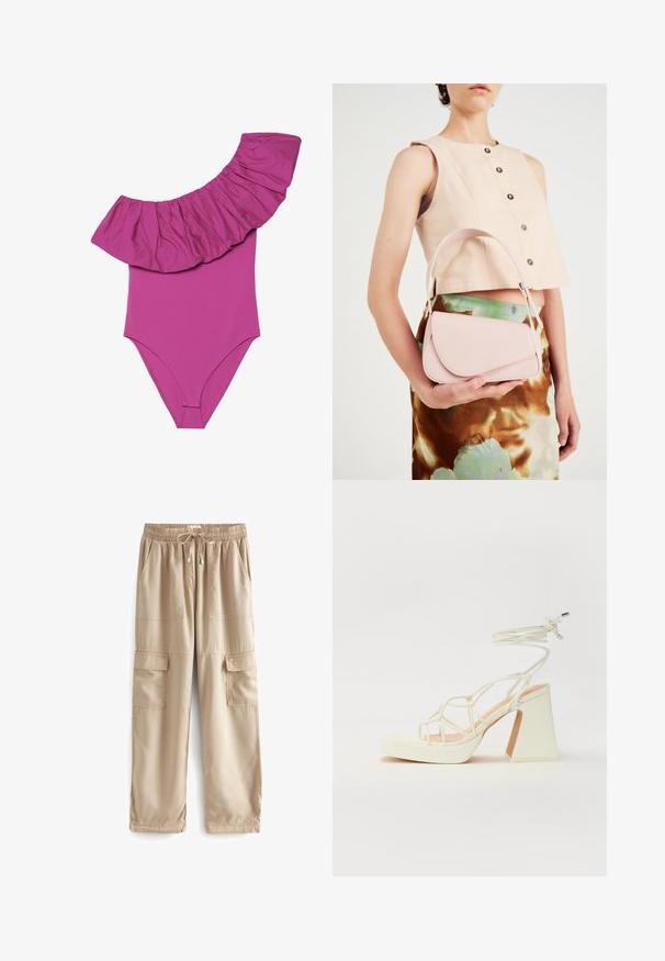 Yhden palan uimapuku kirkkaan vaaleanpunaisena, jossa on leveä röyhelötyyny olalla ja sileä, tiukka vartalo. Pehmeä, joustava kangas.; Beige cargo-housut kevyestä kankaasta, joissa on joustava vyötärö, kiristysnyöri ja useita suuria etutaskuja.; Valkoinen korkokenkä, jossa on paksu korko, ja joka sisältää nauhakiinnityksen ja nilkkaketjun. Sujuva pinta, jossa on platform-etupohja lisäkorkeutta varten.; Vaaleanpunainen nahkakäsilaukku, jossa on kaareva läppä, yksittäinen olkahihna ja puhtaat linjat. Laukussa on sileä pinta ja minimalistinen muotoilu.