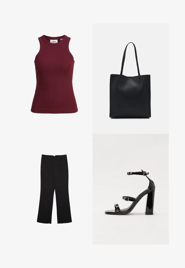 Burgundská bezrukávová rebrovaná tielko s okrúhlym výstrihom a priliehavým strihom. Obsahuje pevný materiál a značkovú etiketu vo vnútornom golieri.; Čierne nohavice so strihom rovného strihu, s prednými vreckami a bočnými rozparkami na leme. Vyrobené z mäkkej, hladkej tkaniny. Vhodné na rôzne príležitosti.; Čierne lakované sandále na podpätku so štvorcovou špičkou, navlečenými remienkami okolo členku a striebornými prackami. Disponujú masívnym blokovým podpätkom pre stabilitu.; Čierna kožená taška na rameno s hladkým povrchom, obdĺžnikovým tvarom a dvoma dlhými uchami. Bez viditeľného kovania alebo ozdôb.