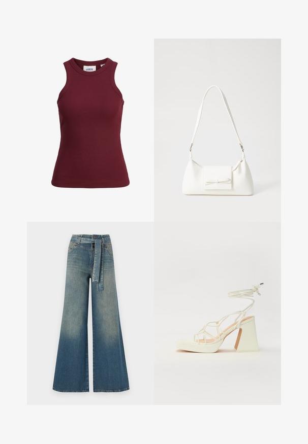 Burgundi spalvos be rankovių raštuotas marškinėlis su apvalia kaklo iškirpte ir prigludusia forma. Turėdamas tvirtą medžiagą ir prekės ženklą etikete ant apykaklės.; Platus džinsinis kelnes su šviesiai tamsiai mėlynu gradientu, aukštu juosmeniu, diržo kilpomis ir atitinkančiu audinio diržu. Textūruotas džinsinis paviršius.; Balti aukštakulniai sandalai su masyviu kulnu, su dirželių dizainu ir kulkšnies raiščiu. Lygi tekstūra su platforma priekyje, suteikianti papildomą aukštį.; Balta sintetinė rankinė trikampio formos, plokščiu priekiu su užsegimu, kaspino detale, reguliuojama dirželiu, lygia tekstūra ir minimalistišku dizainu.