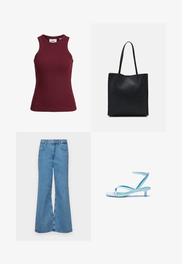 Burgundia sleeveless ribatekuga top pyksiga ja sobiva lõikega. Omab kvaliteetset kangast ja brändi sildit kaela sees.; Heledad sinine flared teksade rõivad, millel on kõrge talje, viis taskut ja üks nupulukk. Pehme tekstuur ja pleekinud viimistlus.; Heledad sinised rihmaga jalatsid, millel on ruudukujuline varvas, madal konts, reguleeritav pahkluu rihm ja sile, läikiv viimistlus. Risti rihmad jalatsipadjal.; Mustast nahast kott sujuva tekstuuriga, ristkülikukujuline ja kahe pika sangaga. Pole nähtavat riistvara ega kaunistusi.