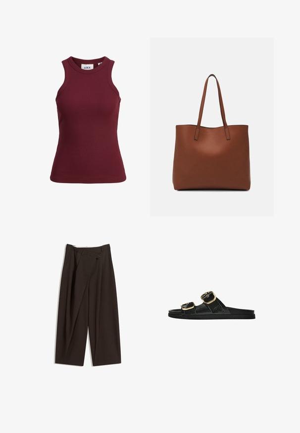 Burgundy ujjatlan bordázott trikó kerek nyakkivágással és testhez álló fazonnal. Tartós anyaga van, és a gallér belső részén megtalálható a márkás címke.; Sötétbarna, bő szárú nadrág magas derékkal, egyetlen gombos záródással és redős elülső résszel. Könnyű anyagból készült.; Fekete csúszó szandál, két arany csattal, sima textúrájú anyagból, lapos talppal és minimalista dizájnnal.; Barna bőr vászontáska sima textúrával, nyitott tetejű dizájnnal és két vállpánttal. Minimális varrással és látható hardver nélkül készült.
