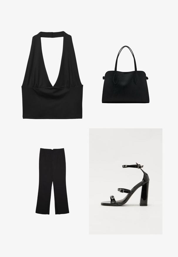 Sort ærmeløs crop top med en dyb V-hals, samlet stofdetalje og glat tekstur. Enkel design uden dekorationer.; Sorte bukser med lige pasform, der har frontlommer og slidser i kanten. Lavet af blødt, glat stof. Velegnet til forskellige anledninger.; Sorte patenterede hælsandaler med firkantet tå, ankelremme og sølvspænder. Har en chunky blokHæl for stabilitet.; Sort læderhåndtaske med dobbelte skulderremme, rektangulær form og minimalistisk design på en hvid baggrund.