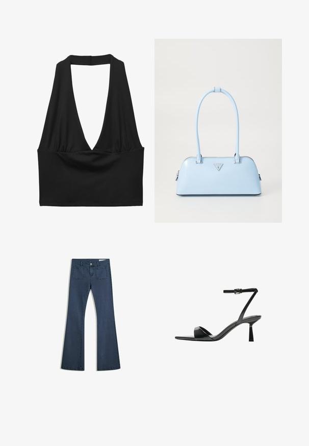 Sort ærmeløs crop top med en dyb V-hals, samlet stofdetalje og glat tekstur. Enkel design uden dekorationer.; Mørkeblå, udvidede denimjeans med syede lommer, knaplukning og en glat tekstur. Har et klassisk fem-lommemønster.; Bershka Højhælede sandaletter / Højhælede sandaler - black; Lyseblå håndtaske med en struktureret form, glat lædermateriale, to hanke og et trekantet brandlogo på fronten. Lynlås lukning.