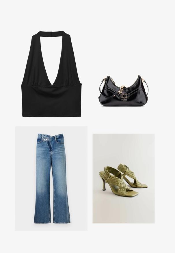 Svart ärmlös croptop med en djup V-ringning, r gathered fabric detail och slät textur. Enkelt design, utan dekorationer.; Ljust blå denim jeans med utsvängda ben och hög midja, med två knappar och framfickor. Tyget har en blekt textur med subtila variationer.; Gröna vävda klacksandaler med justerbar spänne, kvadratisk öppen tå och en slät sula. Har en elegant, smal hög klack och texturerade remmar.; Svart lackläderväska med en kurvad design, guldhardware detaljer och en framträdande logotyp. Inkluderar ett avtagbart axelrem.