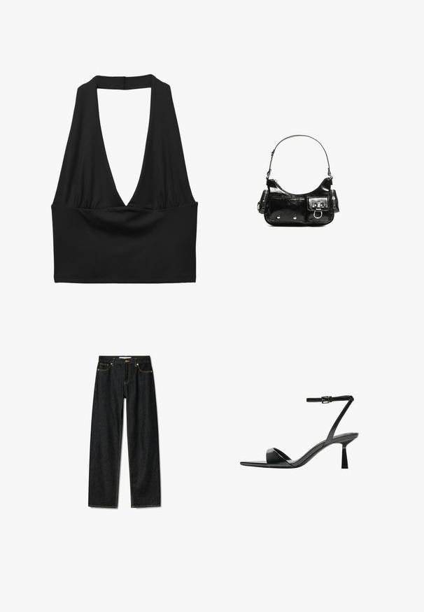 Zwart mouwloos cropped top met een diep V-halsontwerp, geplooide stofdetail en een gladde textuur. Eenvoudig ontwerp, zonder versieringen.; Donkerdenim jeans met een rechte snit, messing knoopsluiting en contrasterende gele stiksels. Beschikt over vijf zakken en een klassieke pasvorm.; Bershka Sandalen met hoge hak - black; Zwarte laarzen in lakleer met een gebogen vorm, één schouderband, voorvakken en accenten in zilverkleurig metaal.