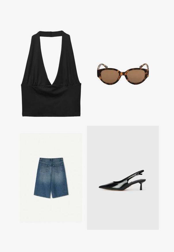 Czarny bezrękawnik z głębokim dekoltem w kształcie litery V, z marszczonym detalem tkaniny i gładką teksturą. Prosty krój, bez ozdób.; Szorty dżinsowe w średnim niebieskim kolorze, o luźnym kroju. Posiadają dwie tylne kieszenie i czysty brzeg. Wykonane z solidnego materiału dżinsowego.; Czarne lakierowane sandały na obcasie z wąskim noskiem, cienkim obcasem i regulowanym paskiem z klamrą. Gładka faktura z minimalnymi zdobieniami.; Brązowe okulary przeciwsłoneczne w kształcie kociego oka z tortoishell, brązowymi soczewkami i gładką fakturą. Ramiączka mają wygięte ramiona z subtelnym wzorem.; Brązowa torebka z zamszu o trójkątnym wzorze, z wydłużonymi ramiączkami i dużym otwartym wnętrzem z wyciętym uchwytem.