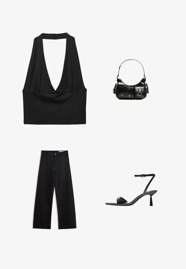 Sort ærmeløs crop top med en dyb V-hals, samlet stofdetalje og glat tekstur. Enkel design uden dekorationer.; Sorte wide-leg denim bukser med høj talje, der har front- og baglommer, syede sømme og en knaplukning. Glat tekstur.; Bershka Højhælede sandaletter / Højhælede sandaler - black; Sort patenteret læder håndtaske med en buet form, en skulderrem, frontlommer og hardware accenter i sølvfarve.