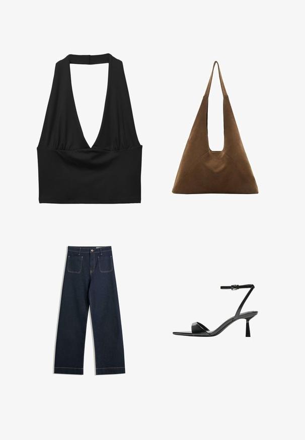 Crni bez rukava kratki top s dubokim V-izrezom, skupljenim detaljem od tkanine i glatkom teksturom. Jednostavan dizajn, bez ukrasa.; Tamno plave široke traperice od denima s kontrastnim svijetlosmešavim šavovima, dva stražnja džepa i zatvaranjem na gumba u struku.; Bershka Sandale s visokom petom - black; Smeđa lielu torba od suedea s trokutastim dizajnom, dugim naramenicama i velikim otvorenim vrhom s izrezanom drškom.