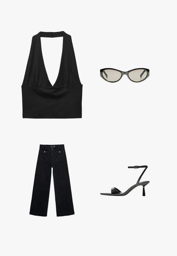 Čierny crop top bez rukávov s hlbokým V-výstrihom, s detailom zhojdenej tkaniny a hladkou textúrou. Jednoduchý dizajn, bez ozdôb.; Čierne široké nohavice s vysokým pásom, s dvoma prednými vreckami a kovovými detailmi na gombíku. Tkanina má hladkú textúru.; Bershka Sandále na vysokom opätku - black; Čierne slnečné okuliare v tvare mačacích očí so šedými tónovanými sklami. Plastový rám má ostré hrany a hladký, lesklý povrch.; Malá strieborná kabelka pokrytá veľkými flitrami s uzlovou rúčkou a reťazovým popruhom, na prednej strane s logom značky Guess.