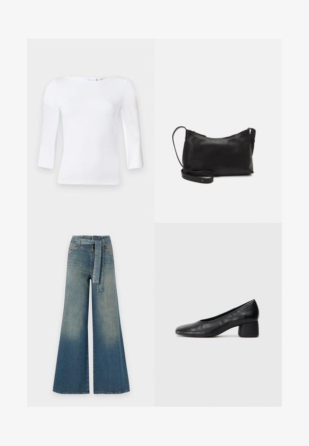 Hosszú ujjú fehér felső, négyzet alakú nyakkivágással, sima pamutkeverék anyagból készült, testhez simuló ujjaival és enyhén ívelt aljával.; Bőszárú farmernadrág, világos és sötétkék árnyalatokkal, magas derekú, övgyűrűkkel és a nadrággal megegyező anyagú övvel. Textúrált farmer kivitel.; Fekete bőr magassarkú cipő, lekerekített orral és közepes blokk sarkú. Simább textúrájú, minimális díszítéssel, finom elasztikus nyílással.; Fekete bőr válltáska sima felülettel, ívelt formával, állítható pánttal és cipzáras záródással. Minimalista dizájn díszítmények nélkül.