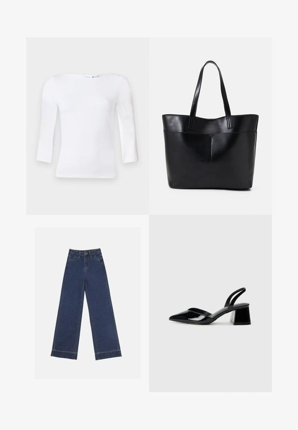 Long-sleeve white top with a square neckline, made of smooth cotton blend fabric, featuring fitted sleeves and a slightly curved hem.; Wide-leg jeans in dark blue denim. Features five pockets, belt loops, and a raw hem at the bottom with visible stitching details.; Black patent leather slingback heels with a pointed toe and a geometric block heel. Features a sleek, minimal design and smooth texture.; Black leather tote bag with two long handles, a smooth texture, and a structured shape. Features a front pocket for additional storage.