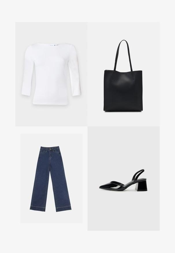 Long-sleeve white top with a square neckline, made of smooth cotton blend fabric, featuring fitted sleeves and a slightly curved hem.; Wide-leg jeans in dark blue denim. Features five pockets, belt loops, and a raw hem at the bottom with visible stitching details.; Black patent leather slingback heels with a pointed toe and a geometric block heel. Features a sleek, minimal design and smooth texture.; Black leather tote bag with smooth texture, rectangular shape, and two long handles. No visible hardware or embellishments.
