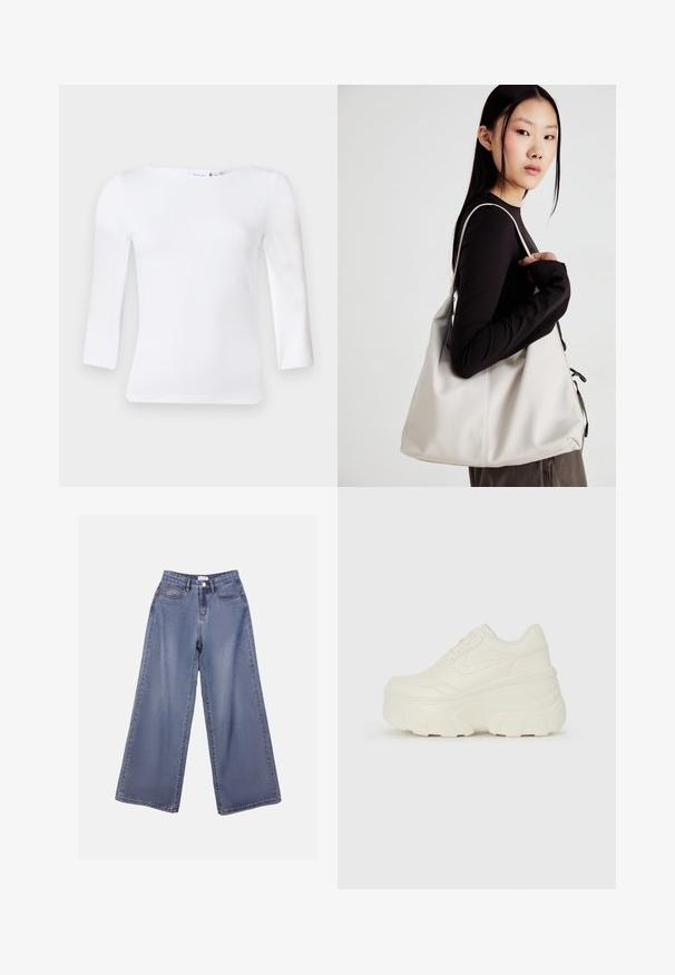 Long-sleeve white top with a square neckline, made of smooth cotton blend fabric, featuring fitted sleeves and a slightly curved hem.; Wide-leg denim jeans in a light blue wash, featuring a high waist, front pockets, and a button closure with belt loops.; White platform sneakers featuring a smooth leather-like upper, rounded shape, padded collar, and textured rubber sole with defined treads.; Beige handbag made of soft material, featuring a slouchy design, stitched detailing, and two shoulder straps. Suitable for everyday use.