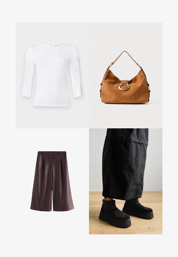 Hosszú ujjú fehér felső, négyzet alakú nyakkivágással, sima pamutkeverék anyagból készült, testhez simuló ujjaival és enyhén ívelt aljával.; Barna, bő szárú műbőr rövidnadrág elülső zsebekkel, övhurkokkal és gombzárral.; Fekete platform bokacsizmák puha velúrból, sima felülettel és vastag talppal. Bordázott textúrával és neon kiegészítéssel a saroknál.; Barna velúr kézitáska lekerekített formával, aranyszínű fémkapoccsal és kontrasztos fekete díszítéssel. Egyetlen vállpánttal rendelkezik a hordozáshoz.