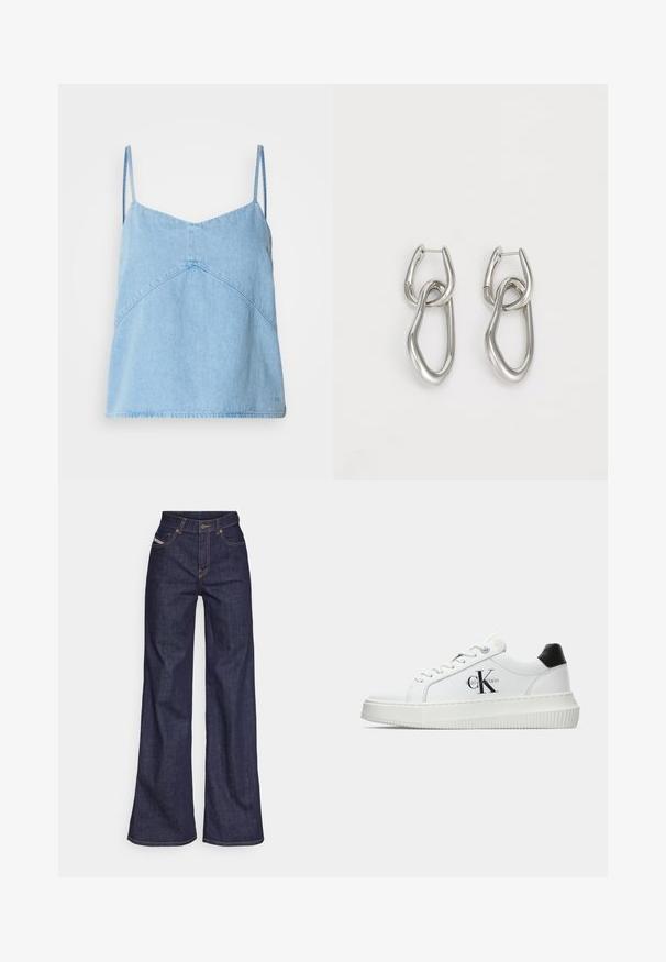 Jasnoniebieski top na ramiączkach z denimu z cienkimi paskami, dekoltem w serek i geometrycznymi zdobieniami szwów. Miękka tekstura i lekko luźny krój.; Ciemnoniebieskie dżinsy szerokie w nogawkach wykonane z denimu, z wysokim stanem, z pomarańczowymi przeszyciami, pięcioma kieszeniami i zapięciem na guzik.; Białe sneakersy typu low-top z czarnym paskiem na pięcie, platformą, sznurowadłami i logo "CK" marki Calvin Klein na boku.; Calvin Klein - Kolczyki