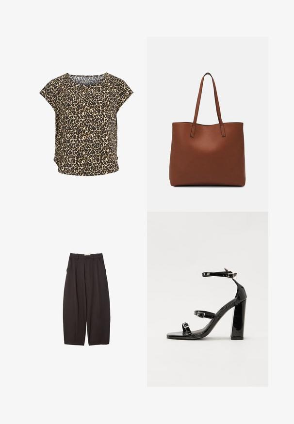 Majica s kratkimi rokavi v bež in črni barvi z leopardjim vzorcem, okroglo ovratnikom in ohlapnim krojem. Mehek material z izrazitim živalskim vzorcem.; Črne široke hlače iz gladkega materiala, z visokim pasom, zgornjimi pregibi in stranskimi žepi. Preprost dizajn brez okrasnih elementov.; Črne lakaste sandale z visokimi petami, z dvema trakovoma z zaponkama, kvadratnim sprednjim delom in masivno širšo peto, z gladko, sijočo teksturo.; Rjava usnjena torba z gladko teksturo, odprto zasnovo zgoraj in dvema naramnima trakovoma. Opremljena je z minimalnim šivanjem in brez vidnih kovinskih delov.