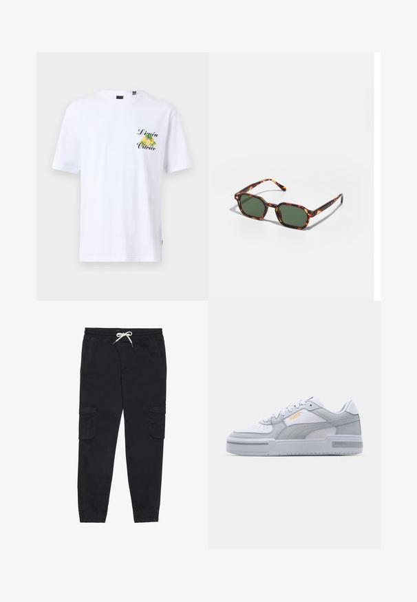T-shirt en coton blanc à manches courtes, avec un graphique de citron vert et jaune et "Limón Cítrico" imprimé en noir sur la poitrine.; Pantalons cargo noirs en coton, avec une taille élastique et un cordon de serrage, des poches latérales et des poignets fuselés.; Baskets grises et blanches avec une tige en cuir lisse, un bout perforé, un système de laçage, des accents texturés et un logo doré subtil.; Lunettes de soleil en écaille de tortue avec des verres verts, présentant une forme octogonale et des branches minces et courbées. Le matériau a une finition brillante.