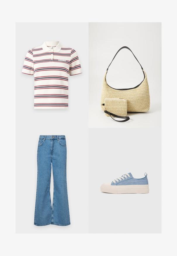 Smeigtas polo marškinėliai kremine spalva, su raudonomis ir tamsiai mėlynomis horizontaliomis juostelėmis, klasikinis apykaklė, trumpomis rankovėmis ir maža etikete su užrašu "BEBAIMIS."; Šviesiai mėlynos flared džinsai, pagaminti iš džinsinio audinio, su aukštu liemeniu, penkiomis kišenėmis ir vienu mygtuko užsegimu. Minkštas paviršius su išblukusiu efektu.; Šviesiai mėlyni drobės sportbačiai su kreminiu guminiu pirštų apsaugos ir pado elementu, balti raišteliai ir kilpa ant kulno.; Austo pynimo šiaudinio rankinio krepšio su kreiviu siluetu, su glotnia juoda odine rankena ir atitinkamu mažu maišeliu, pritvirtintu prie riešo juostos.