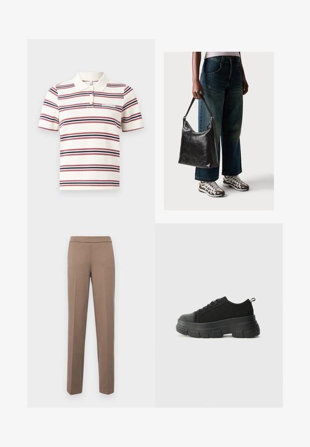 Polo de rayas en color crema, con rayas horizontales en rojo y azul marino, un cuello clásico, mangas cortas y una pequeña etiqueta que dice "SIN MIEDO."; Pantalones ajustados marrones con una tela suave y elástica. Piernas rectas y una cintura plana sin herrajes visibles ni bolsillos.; Zapatillas negras con suela de goma gruesa, parte superior de tela texturizada, punta redonda y diseño con cordones. Presenta ojales reforzados y tirador en la parte trasera.; Bolso de hombro de cuero negro con una textura suave y correa ajustable, combinado con jeans de pierna ancha desgatados y zapatillas deportivas.
