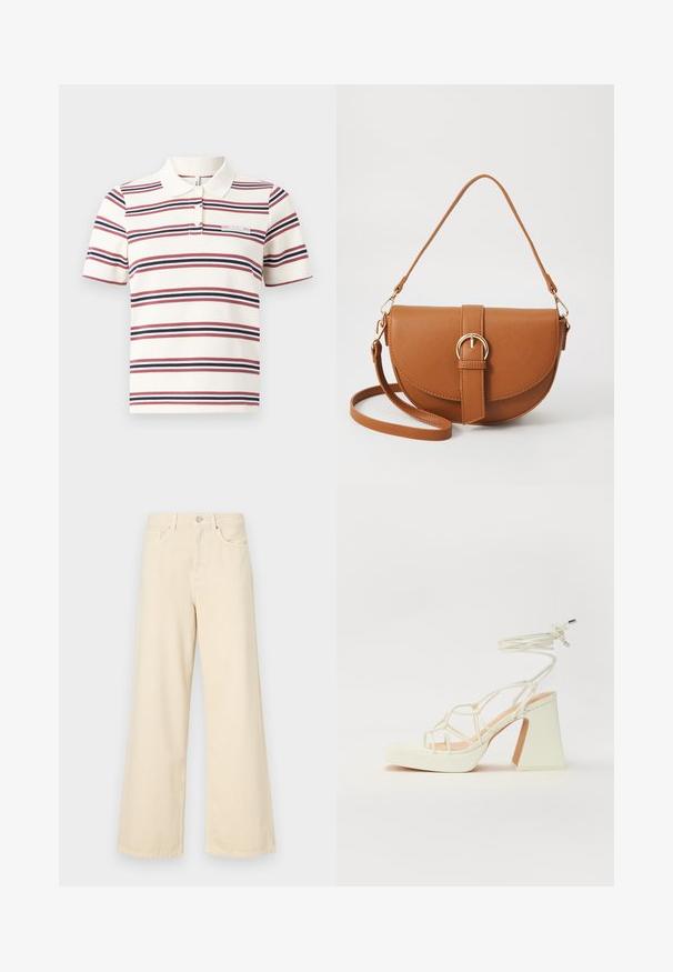 Polo a righe color crema, con righe orizzontali rosse e blu navy, colletto classico, maniche corte e una piccola etichetta con la scritta "FEARLESS."; Jeans beige a gamba larga in cotone. Caratterizzati da chiusura con bottone, passanti per cintura e tasche anteriori con una consistenza liscia e morbida.; Sandalo bianco con tacco alto, caratterizzato da un design a cinturini e un legaccio alla caviglia. Texture liscia con una piattaforma frontale per un'altezza aggiuntiva.; Borsa a tracolla in pelle marrone con forma curvata, hardware dorato e un dettaglio con fibbia. Presenta una tracolla rimovibile.