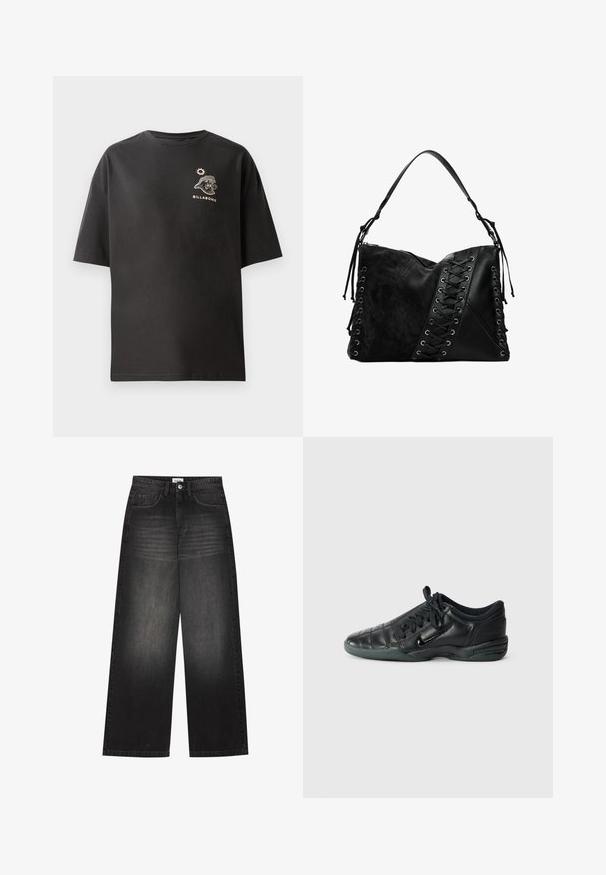 Sort t-shirt med korte ærmer, der har et lille hvidt Billabong logo og grafisk motiv på brystet. Fremstillet af blød bomuld med en afslappet pasform.; YOURTURN UNISEX - Baggy jeans - black denim; Sorte læder sportssko med quiltet design, rund tå, snørret foran og gummisål. Har subtil branding på siden.; Desigual Skuldertasker - black; Sølv halskjede med en delikat kæde og oval vedhæng, der har indviklede detaljer og en lille ædelsten som accent.