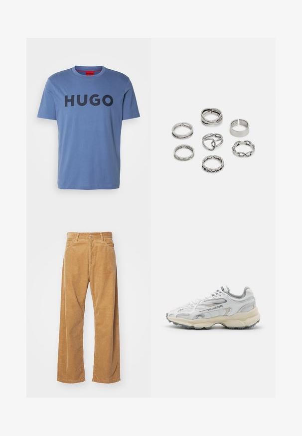 Modré bavlněné tričko s krátkými rukávy a kulatým výstřihem, s výrazným černým logem "HUGO" přes hrudník. Hladká textura.; Bavlněné široké kalhoty z kordu v odstínu tan. Mají texturované, vertikální pruhy, standardní pas a dvě přední kapsy.; Bílé atletické boty s šedými akcenty, svrchní část z prodyšné síťoviny a syntetického materiálu, šněrovací design a texturovaná gumová podešev s protiskluzovými vzory.; Sada sedmi stříbrných prstenů s různými vzory, včetně zamotaných, propletených a rytých motivů. Různé tvary a šířky.