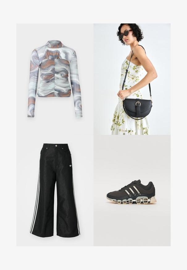 Ilgomis rankovėmis prigludusi viršutinė dalis marmuriniu raštu pilkos, baltos ir rudos spalvų atspalviuose. Pasižymi aukštu kaklu ir surinkimu priekyje.; Juodos plačios džinsinės kelnės su trimis baltais juostelėmis kiekvienoje pusėje ir mažu baltu logotipu. Yra priekiniai kišenės ir sagčių užsegimas.; Juodos sportinės avalynės su tekstūruotu viršumi, trimis sidabro juostomis ir išskirtiniu amortizuojančiu padu, turinčiu kelias integruotas dalis.; Juodas odinis krepšys su išlenkta forma, nuimamu dirželiu ir auksiniais detalėmis. Krepšys turi kilpą su sagtimi.