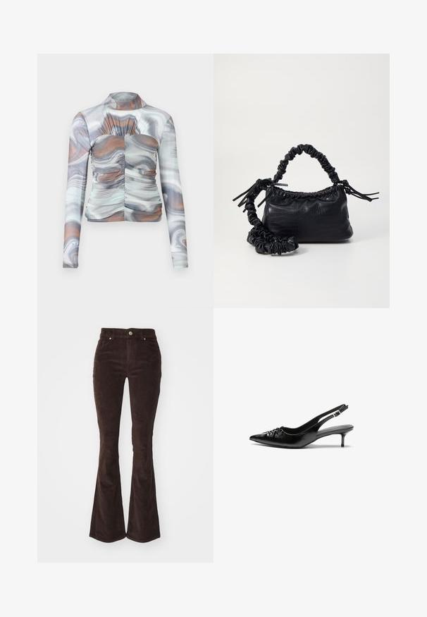 Top de mangas longas, ajustado, com um padrão marmoreado em tons de cinza, branco e castanho. Apresenta um decote alto e detalhes franzidos na parte da frente.; Vero Moda VMFLASH FLARED PANTS - Calças - chocolate torte; Sapatos de salto alto slingback em couro preto com bico fino, pequeno salto kitten e um detalhe decorativo em forma de nó na parte da frente. Textura suave em toda a parte.; Bolsa de mão em couro sintético preto com textura de crocodilo, topo franzido e alça enrugada. Apresenta um design suave e compacto.