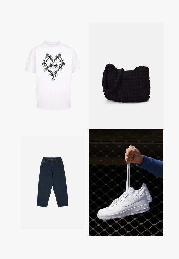 Camiseta blanca con un diseño de corazón de espinas y hojas en negro, con el texto "migonztales" y "Familia Bendecida" en una tipografía estilizada en el centro.; Vaqueros oscuros de talle alto con un ajuste relajado, con cinco bolsillos y cierre de botón. Confeccionados en denim de textura suave.; Zapatillas de cuero blanco con perforaciones, punta redonda, suela plana y cordones gruesos, con un logo de swoosh visible y "AIR" en el talón.; Bolsa de tela negra con un patrón texturizado y acolchado. Forma redondeada, asas cortas y gruesas, y una estructura blanda y flexible.
