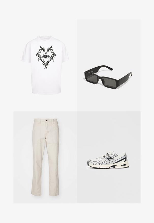 Tricou alb cu un design în formă de inimă cu spini și frunze negre, având textul "migonztales" și "Family Blessed" scris cu un font stilizat în centru.; Pantaloni din bumbac bej cu un design cu picioare drepte, dotati cu două buzunare frontale, un sistem de închidere cu un singur buton și accente evidente de cusătură.; Adidașuri atletice albe și gri cu logo-ul negru "N", partea superioară din plasă, talpă amortizată și design cu șireturi, prezentate pe un fundal simplu de gri deschis.; Ochelari de soare negri cu lentile dreptunghiulare, cadru din plastic mat și margini drepte. Prezintă logo-ul mărcii pe brațul interior.