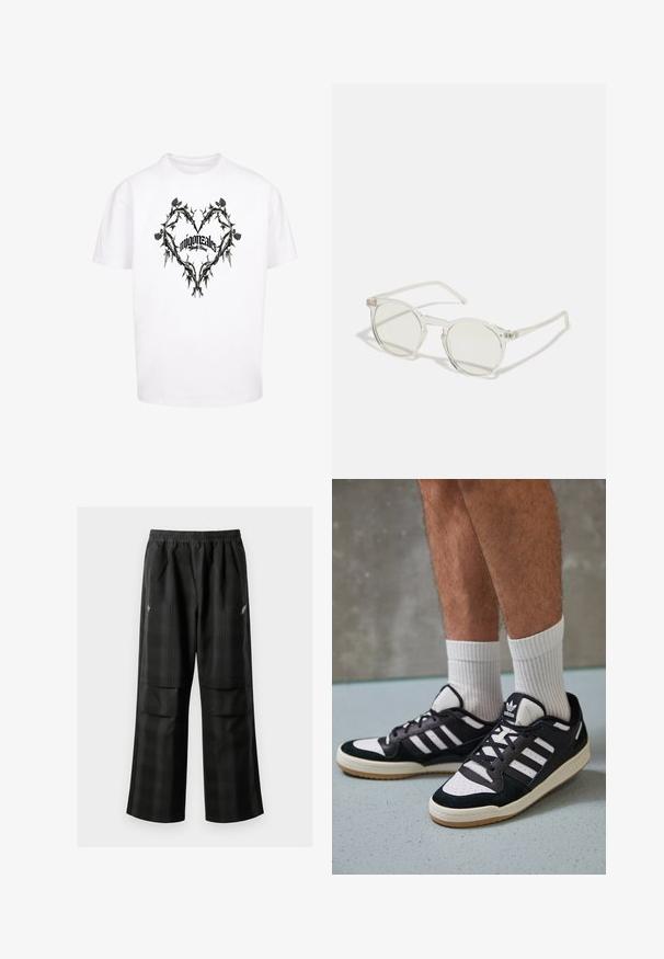 Balta T-kreklā ar melnu ērkšķu un lapu sirds dizainu, kurā centrā ir teksti "migonztales" un "Family Blessed" stilizētā rakstā.; Melnas kvadrātveida bikses ar elastīgu jostu, divām priekšējām kabatām un brīvu piegriezumu ar taisnām kājām. Izgatavotas no viegla materiāla.; Melnas un baltas kedas ar zamša un ādas augšdaļu, kas aprīkotas ar trim baltām svītrām, perforētu purngali un gumijas zolēm.; Apaļi saulesbrilles ar caurspīdīgu rāmi, gaiši zaļām lēcām un plānām, caurspīdīgām kājām. Rāmī ir izsmalcināti metāla akcenti.