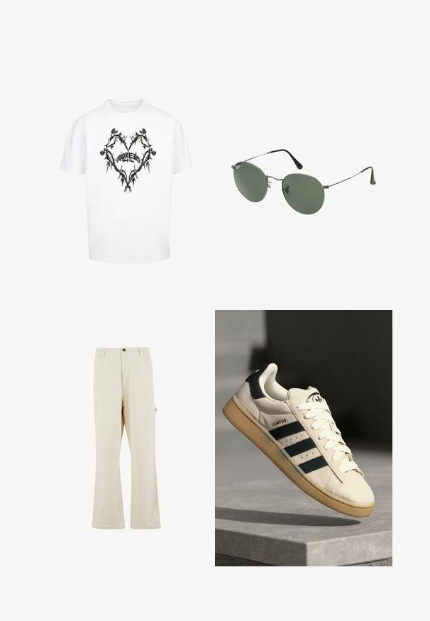 White T-shirt featuring a black thorn and leaf heart design with the text "migonztales" and "Family Blessed" in stylized script at the center.; Beige, wide-leg trousers made of cotton blend fabric with a button closure. Features side pockets and a subtle texture. Seam detailing visible.; Beige suede sneaker with three dark blue stripes, white laces, and a tan rubber sole. Features a logo on the tongue and "CAMPUS" text.; Metal-framed sunglasses with oval green lenses. Thin silver metal frame and black ear tips. Minimalist design, no visible logos.