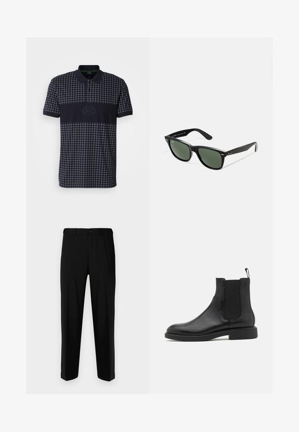 Marinblå polo skjorta med ett rutmönster i vitt. Har en krage, korta ärmar och en central logodetalj. Material av bomullsblandning.; Svarta byxor i slätt tyg, med rak skärning, två framfickor och dragkedja med knappstängning.; Svart läderankleboot med slät yta, elastiska sidopaneler och dragtab. Rund tå och platt gummisul med minimal profil.; Svarta plastsolglasögon med gröna linser, fyrkantiga bågar, silverdetalj på ögonbrynet och texturerade skalmar. Angiven märkning på den inre skalmen.