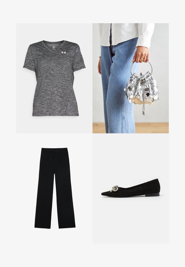 T-shirt a collo V di colore nero e grigio realizzato in un tessuto testurizzato e traspirante. Presenta maniche corte e un piccolo logo bianco sul petto.; Pantaloni neri a gamba larga realizzati in tessuto morbido, con chiusura frontale a bottoni e due pieghe per un dettaglio aggiuntivo. Design su misura in generale.; Scarpa piatta in suede nera con punta affusolata, decorata con un elegante fiocco argentato sul davanti, con tacco basso.; Borsa bucket in paillettes argento con manico metallico circolare; presenta un sistema di chiusura a coulisse e dettagli in catena, posto su tessuto denim chiaro e bianco.