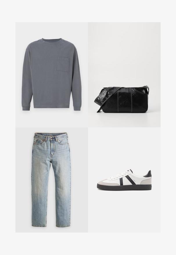 GAP SUPER SOFT OVERSIZED - Topper langermet - shark fin; Lys blå denim jeans med høy midje, frontknapp, glidelås og fem-lommers design, lagt flatt på en nøytral bakgrunn.; Hvite sneakers med svarte og grå detaljer, med en teksturert grå tåhette, svart gummisåle, og flate hvite lisser. Rent design, minimalistisk stil.; Svart lær skulderveske med glidelås, med teksturert overflate, hvite sømmer og en stropp med sølvringer.