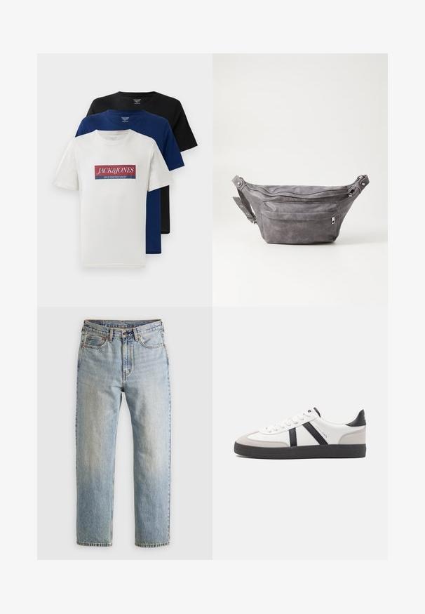 Three stacked short-sleeve crew neck t-shirts in white with red and blue logo, navy blue, and black, displayed on white background.; Light blue denim jeans with high waist, front button, zipper, and five-pocket design, laid flat on a neutral background.; White sneaker with black and gray accents, featuring a textured gray toe cap, black rubber sole, and flat white laces. Clean design, minimalist style.; Gray suede fanny pack with a rounded shape, two zippered compartments, and adjustable strap. Features metal hardware accents.
