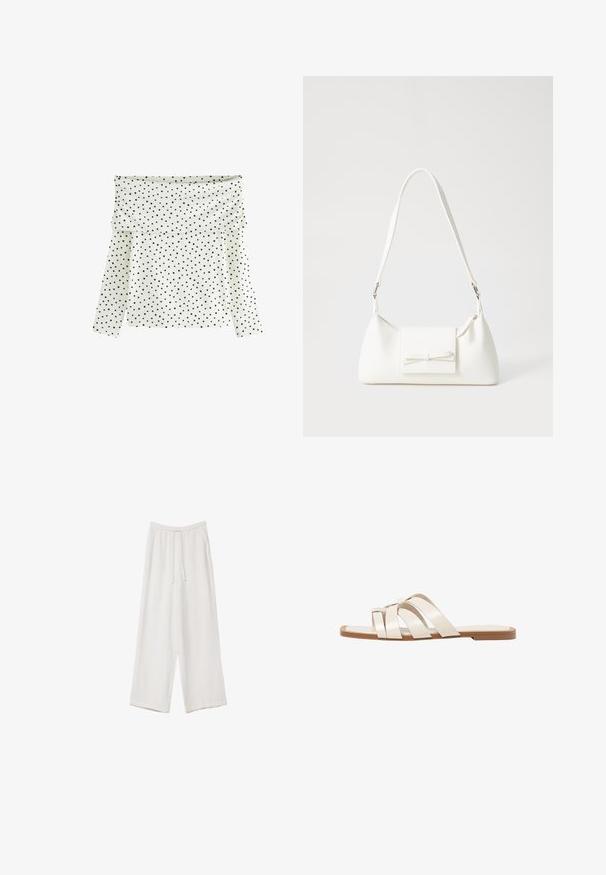 Bela dolga majica z dolgimi rokavi, ki ima off-the-shoulder obliko, črne pike in mehak teksturiran material.; Bele široke hlače iz lahkega materiala. Imajo elastičen pas s vrvico in stranske žepe. Gladka tekstura.; Ravne sandale s svetlo rjavim gumijastim podplatom, zasnovane s tremi prekrivajočimi se belimi usnjenimi trakovi in majhnim lokom na sredini.; Bela sintetična torbica v obliki trikotnika, z ravnim sprednjim poklopcem in detajlom mašne, nastavljivim trakom, gladko teksturo in minimalističnim dizajnom.