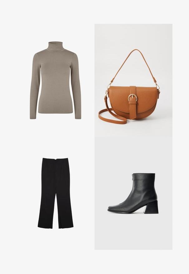 Beige rolák, dlouhé rukávy, elastická žebrovaná tkanina, přiléhavý design, minimální švy, měkká textilie, vhodné na vrstvení.; Černé kalhoty s rovným střihem, s předními kapsami a bočními rozparky na lemu. Vyrobené z jemné, hladké tkaniny. Vhodné na různé příležitosti.; Černá kožená kotníková bota se čtveratým špičkou, bočním zipem a blokovým podpatkem na jednobarevném světlem pozadí.; Hnědá kožená křížová taška s zakřiveným tvarem, zlatými detaily a akcentem s přezkou. Obsahuje odnímatelný popruh na rameno.