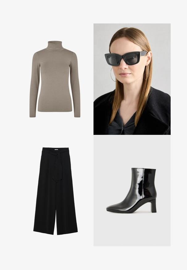Beige turtleneck, long sleeves, stretchable ribbed fabric, fitted design, minimal seams, soft texture, suitable for layering.; Black wide-leg pants featuring a textured fabric, an elastic waistband, and a detachable sash tie at the waist for adjustable fit.; Black patent leather ankle boot with a pointed toe and a mid-height block heel. Smooth texture and minimalist design.; Black cat-eye sunglasses with dark lenses, thick frames, and subtle accents. Worn with a black coat and gray top, featuring long straight hair.