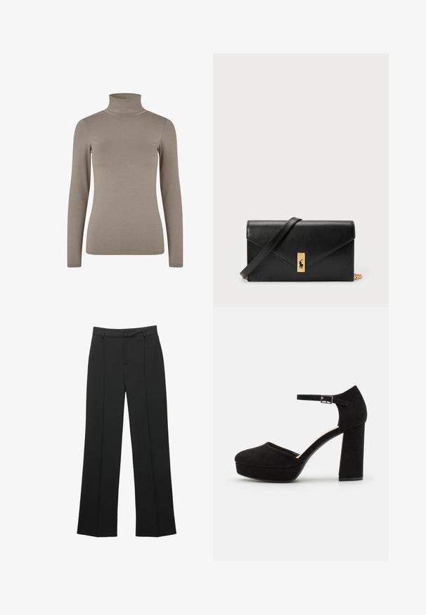 Beige korkeakaulus, pitkät hihat, joustava ribbikangas, istuva malli, vähäiset saumat, pehmeä pinta, sopii kerrospukeutumiseen.; Mustat korkeavyötäröiset leveälahkeiset housut, joissa on vyölenkit ja etusaumadetaili, esillä valkoisella taustalla.; Mustat mokkanahkaiset korkokengät, joissa on paksu tukikorko, pyöreä kärki ja nilkkavöri, joka on kiinnitetty metallisella soljella. Pintakuvio on sileä.; Mustavärinen nahkalompakko, jossa on käännettävä läppä, kultaiset yksityiskohdat ja logoakseli. Mukana irrotettava olkahihna kuljetusta varten.