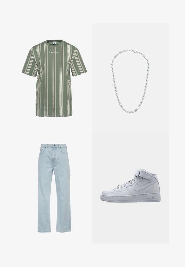 Camiseta de rayas verdes hecha de algodón, con rayas verticales de color blanco sucio y un pequeño logo blanco en el pecho. Diseño de cuello redondo, mangas cortas.; Vaqueros de denim azul claro con un diseño de pierna recta, que cuentan con bolsillos delanteros y traseros, y un bolsillo lateral de tipo cargo. Textura suave, estilo casual.; Zapatillas Nike Air Force 1 de caña alta en gris con parte superior de cuero, cuello acolchado y una correa de Velcro. El diseño icónico incluye una caja de dedos perforada.; Collar de cadena de metal plateado con eslabones entrelazados y un cierre seguro, textura lisa, acabado uniforme y diseño clásico.